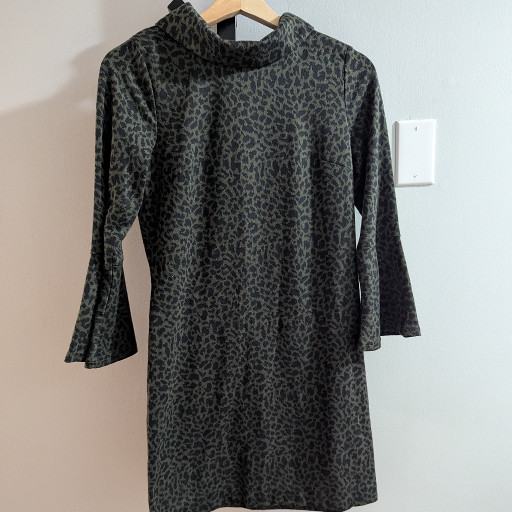 Thml Green/Black Leopard Print Dress Xs With 3/4 Sleeve